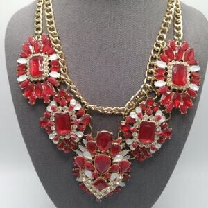 Red White Rhinestones Gold Chain Floral Frontal Statement Necklace, 18 Inches